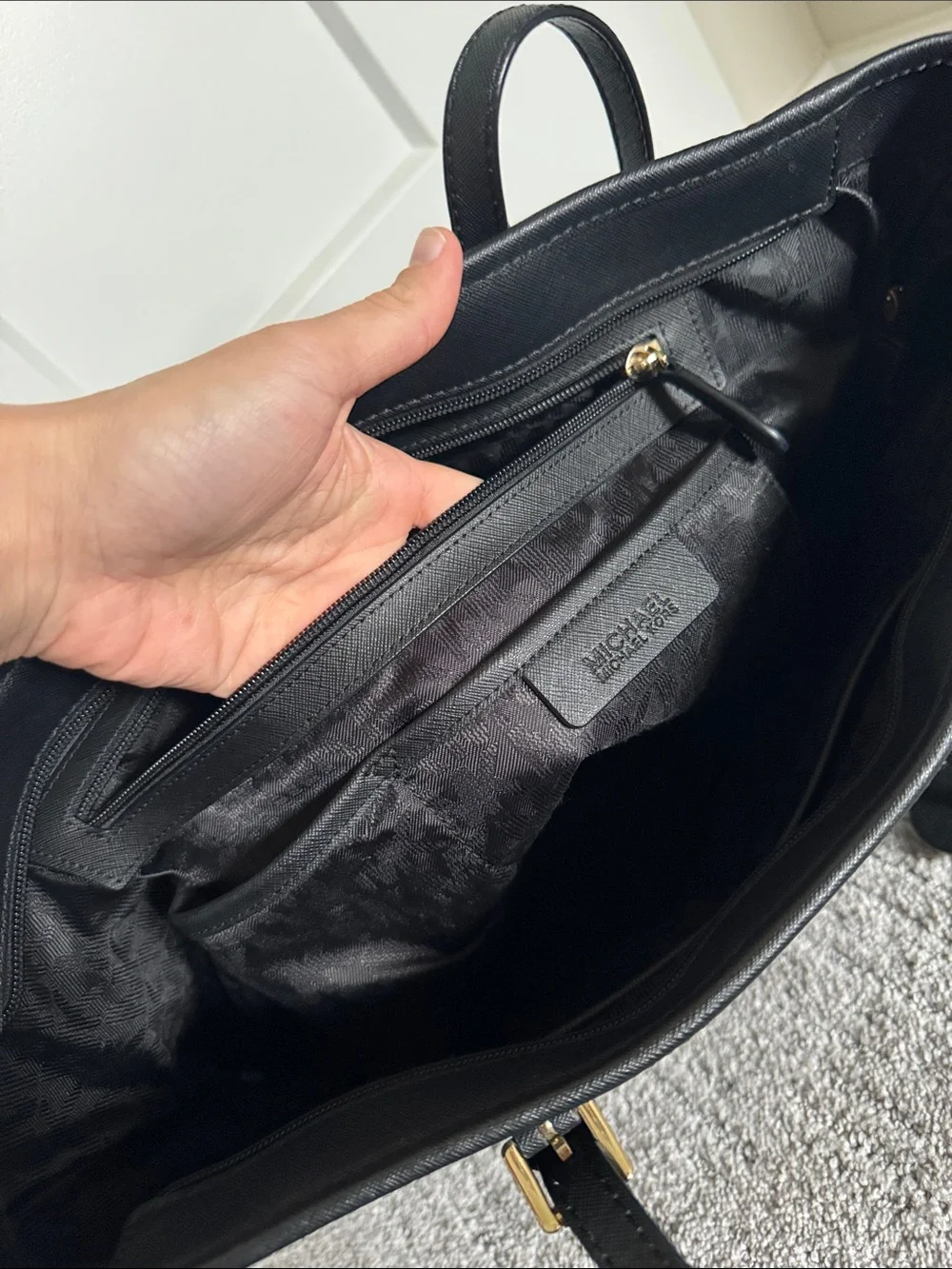 Michael Kors Black Leather Tote with Gold Logo Charm